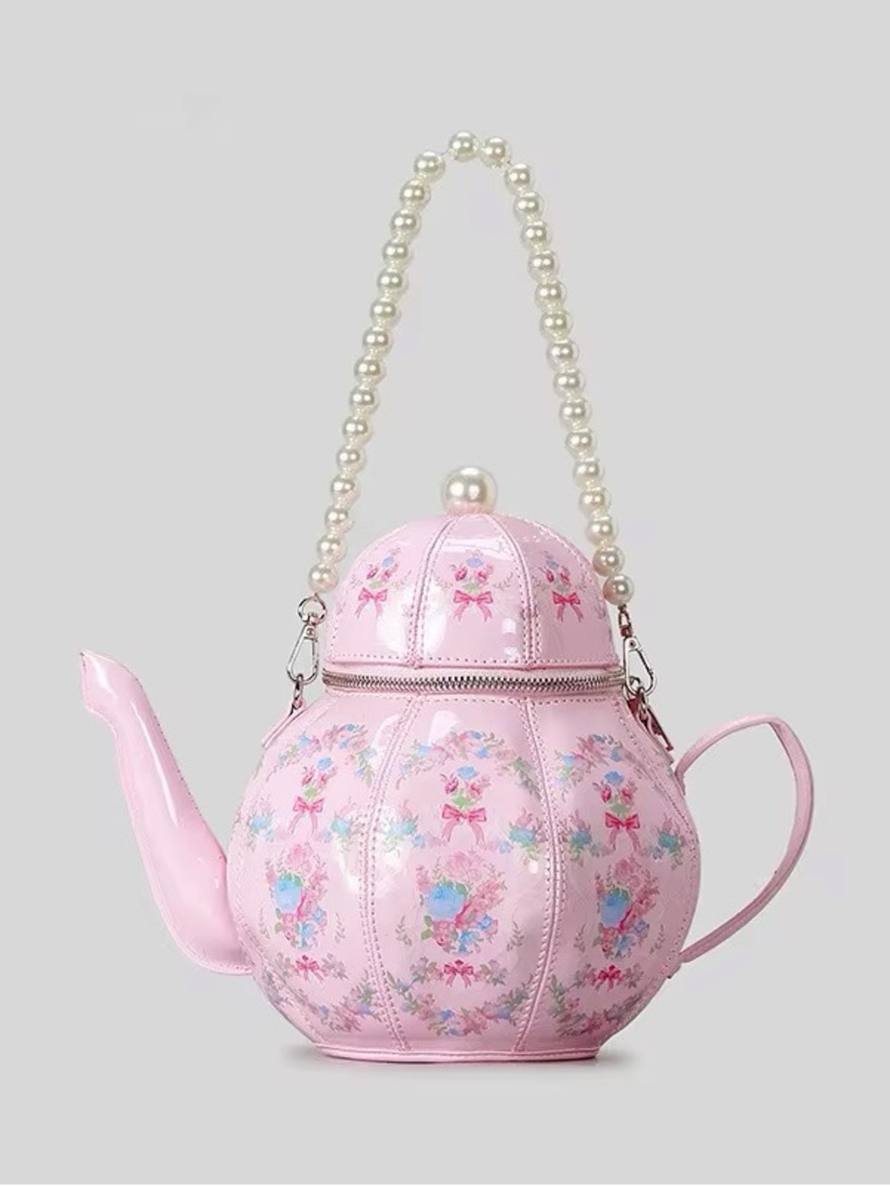 Pink Floral Teapot Crossbody Bag with Pearl Handle